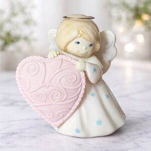 Porcelain Angel Figurine Tea Light Candle Holder Heart Blue Stars 6” 1970’s